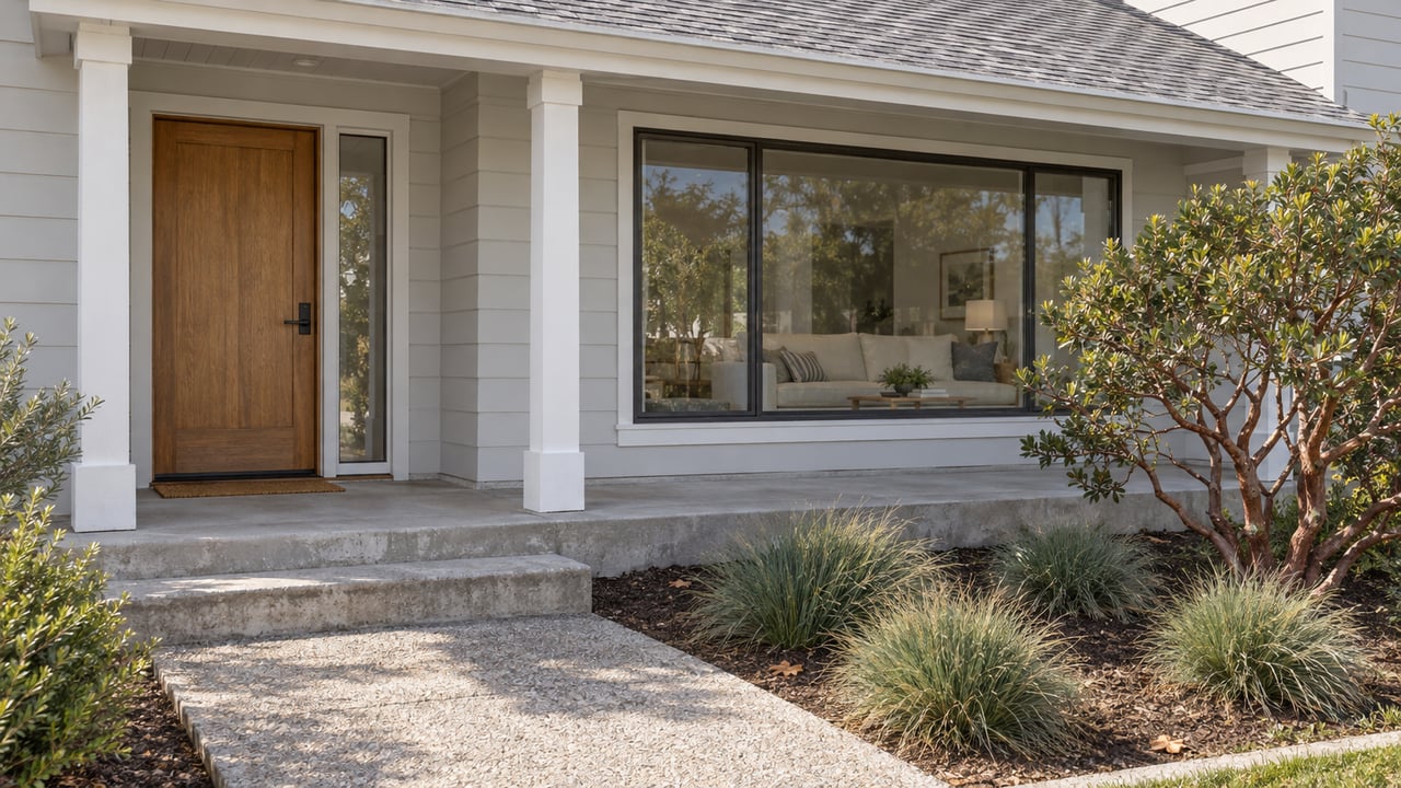 Pale wood-sided home with a sheltered oak entry, concrete steps and a sculptural manzanita in a small front garden.