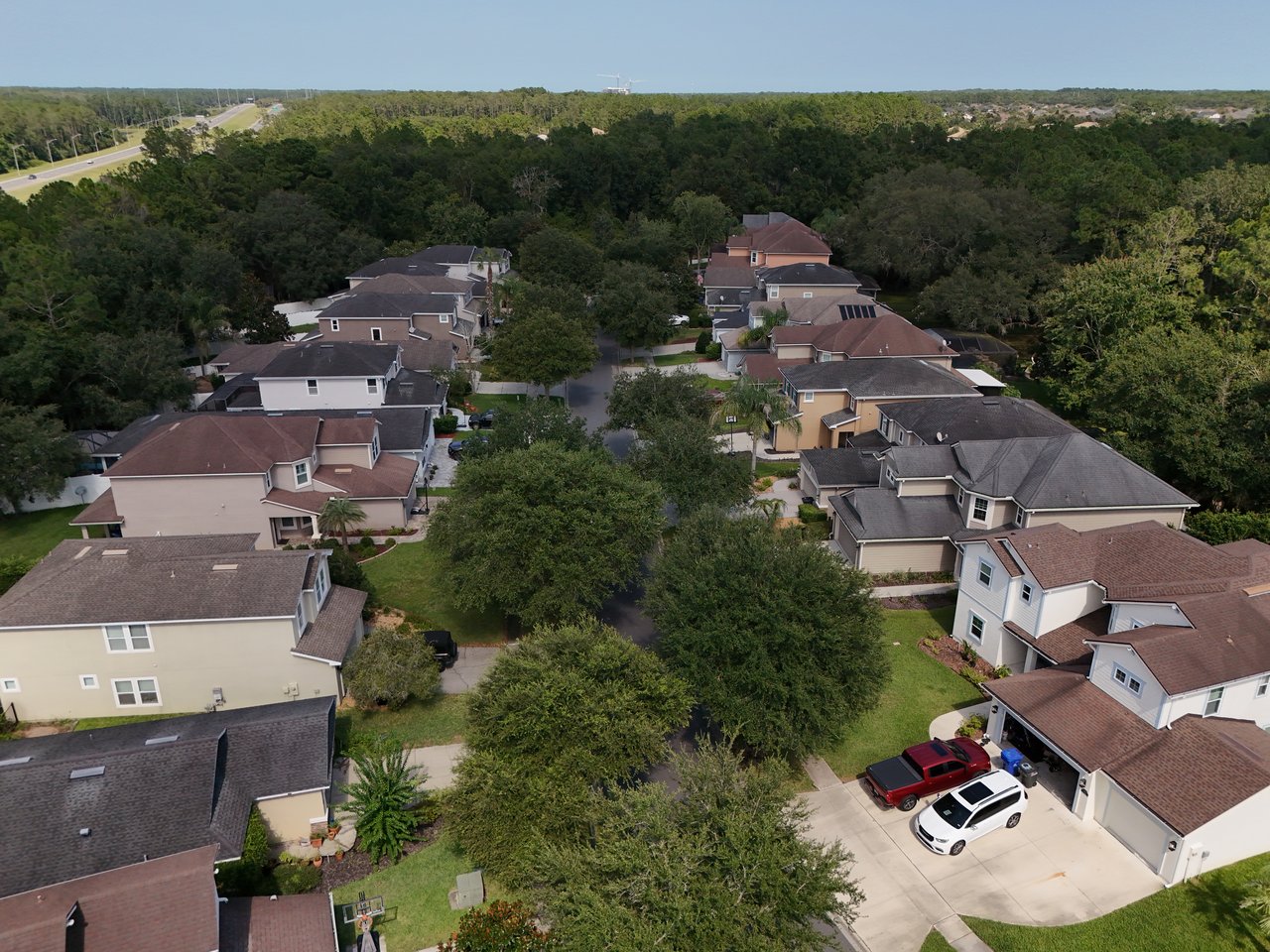 Aerial view of a tree-lined neighborhood street with detached homes and dense woodland.