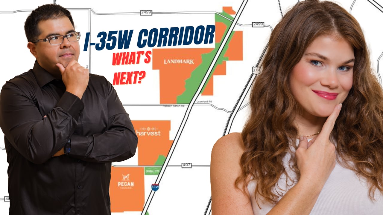Edson and Paige Miranda with I-35W corridor map showing Hillwood communities Harvest, Pecan Square, and Landmar