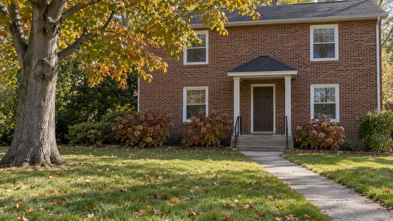 Brick house beyond a deep autumn lawn, with a mature gray-barked beech, copper leaves, and a modest covered entry.