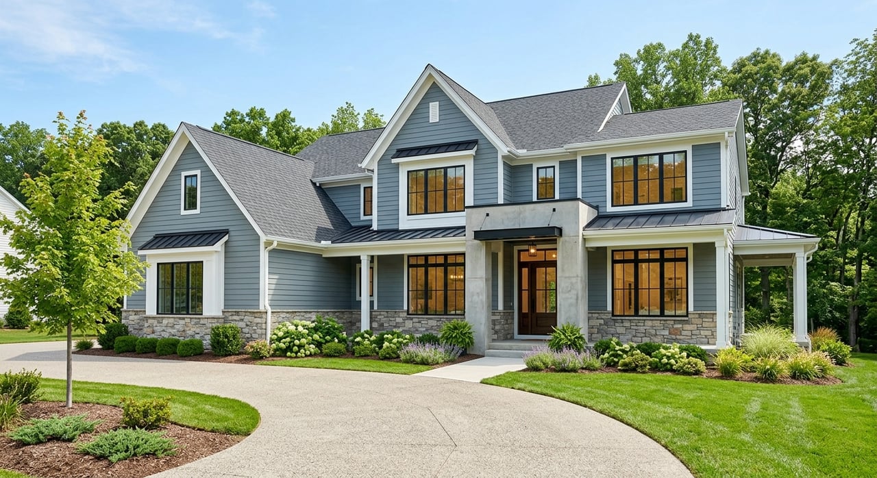 Gray-blue farmhouse with gabled roof, charcoal garage door, concrete driveway, and landscaped front entry.
