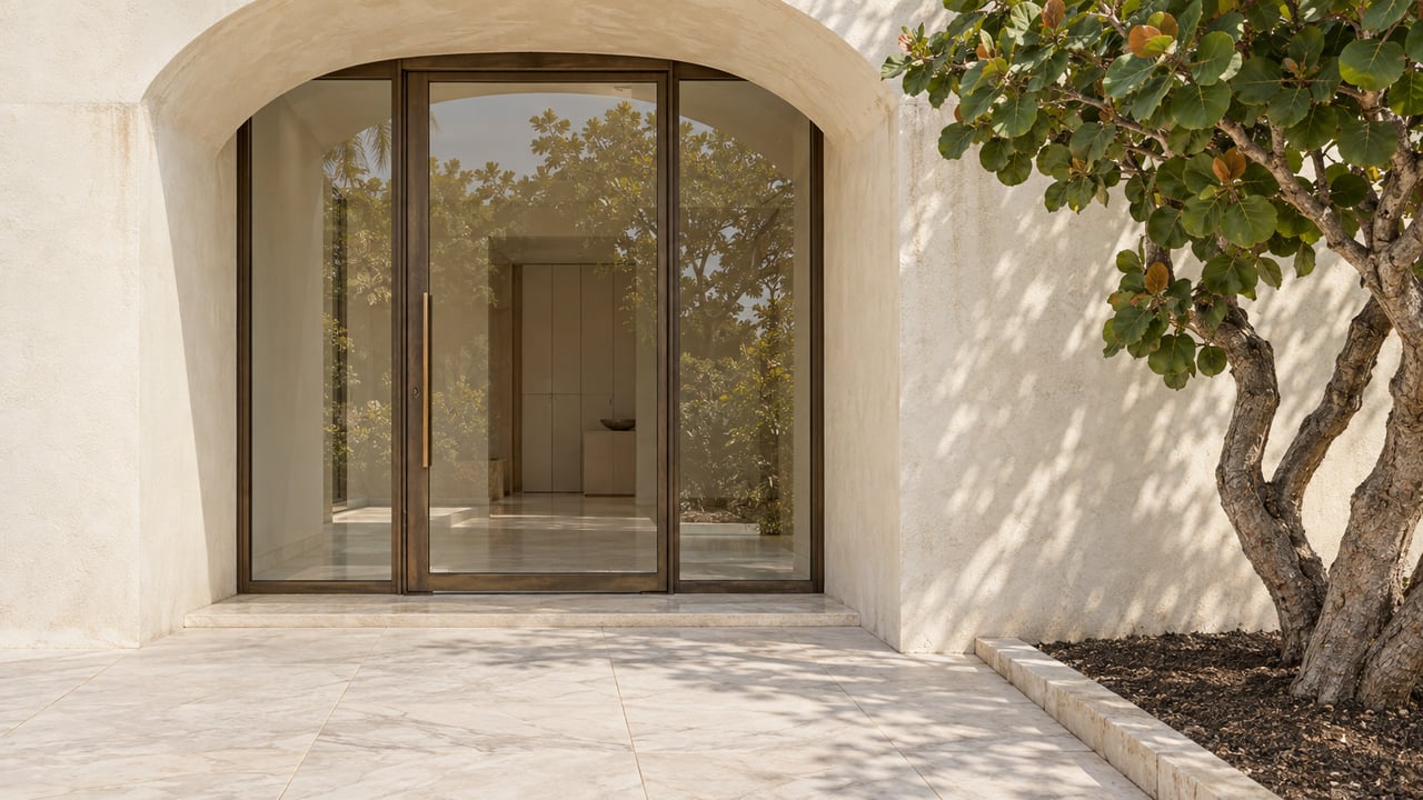 An ivory stucco home entrance with an arched recess, bronze-framed glass door, marble-look paving and a sculptural sea grape tree.