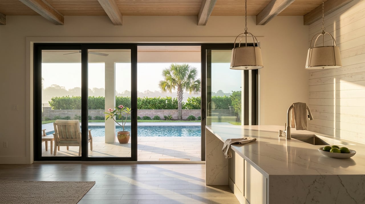 Kitchen island with gray-veined quartz, pendant lights, and glass doors overlooking a pool, palm, and lanai.