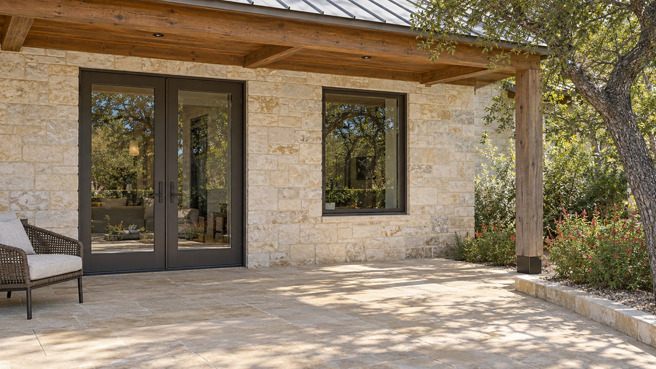 Limestone home's covered patio with cedar beams, bronze-framed glass doors, a woven chair and oak shade.