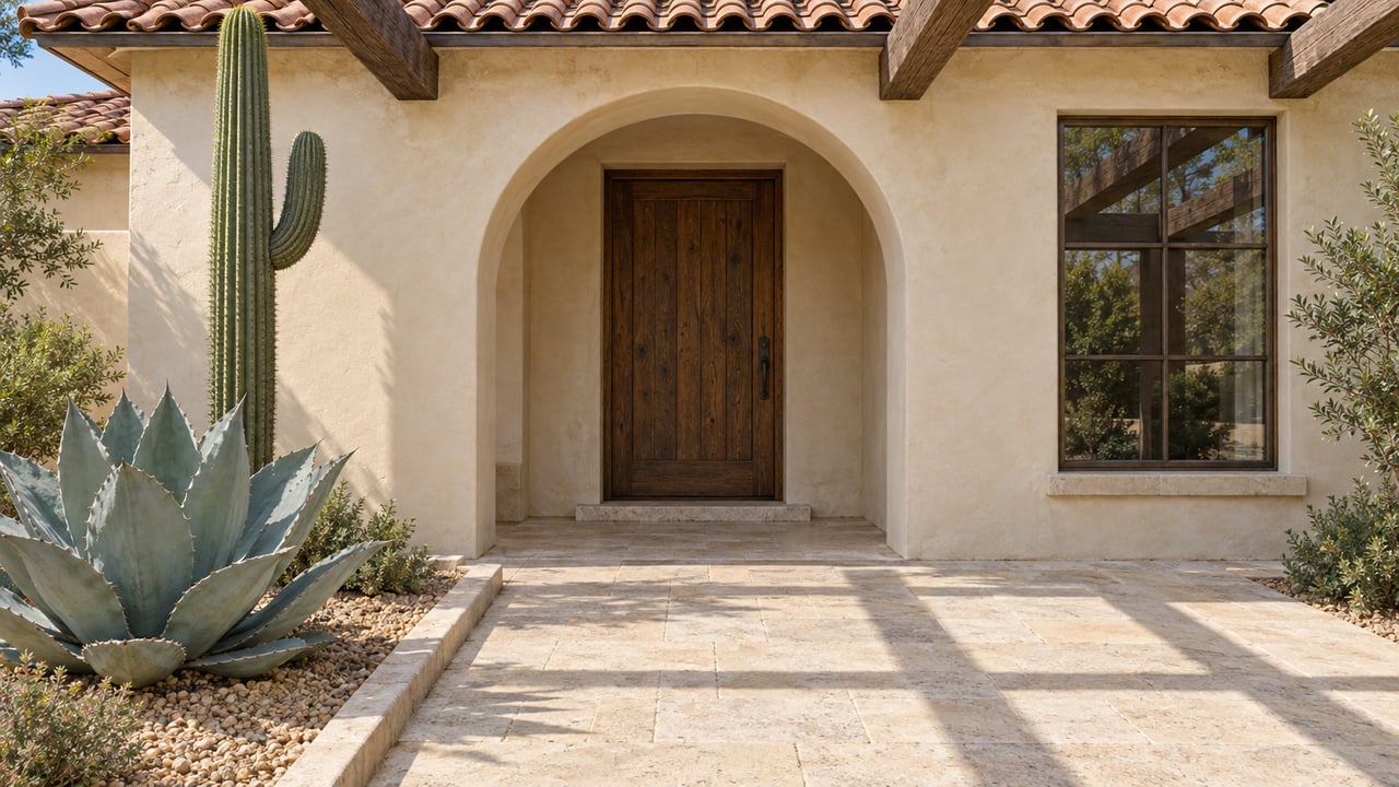 Cream stucco entry court with an oak door, terracotta roof, timber pergola and sculptural desert planting.
