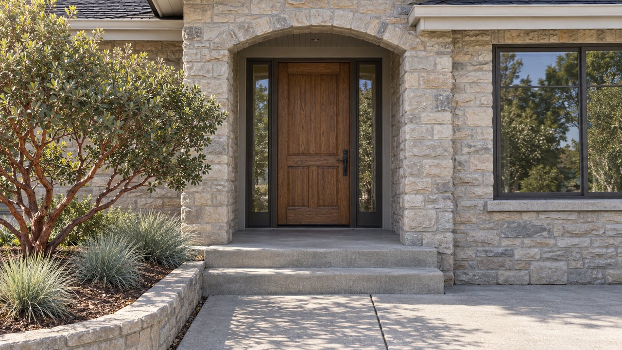 Stone-clad home entry with a stained wood door, paired glass sidelights, concrete steps and a red-barked manzanita beside the approach.