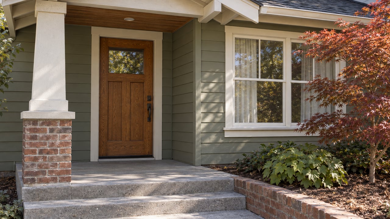 Home entrance with a wooden door, concrete steps, and a red-leaved Japanese maple.