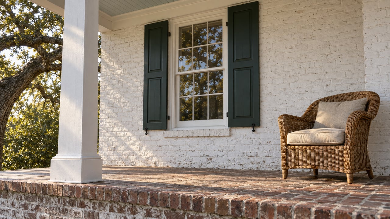 Late-afternoon light across a raised brick porch with white masonry, dark green shutters and a wicker chair.