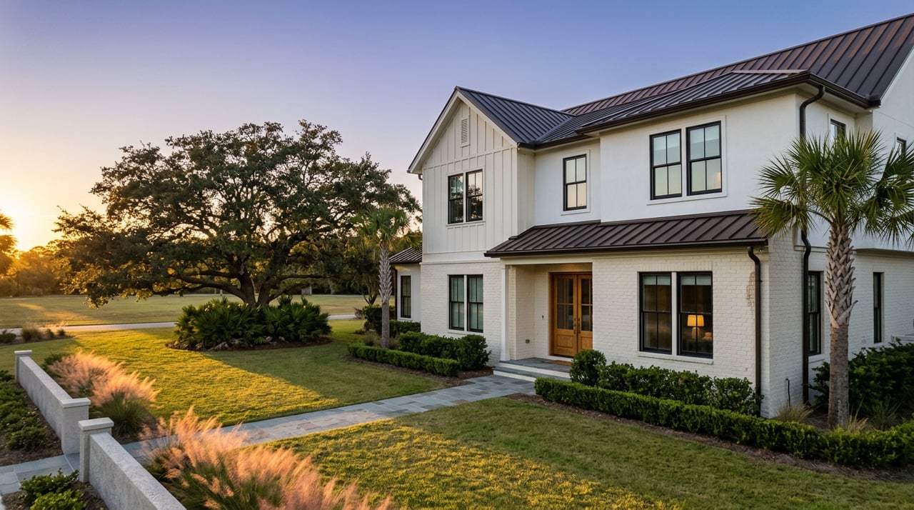 Two-story coastal home beyond a lawn, with a spreading oak, paver walk, and dusk sky.