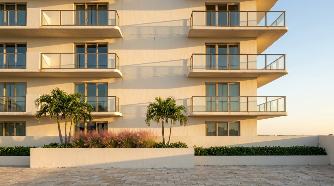 Concrete condominium facade with stacked balconies, rust-colored drain streaks, and palms in late sunlight.