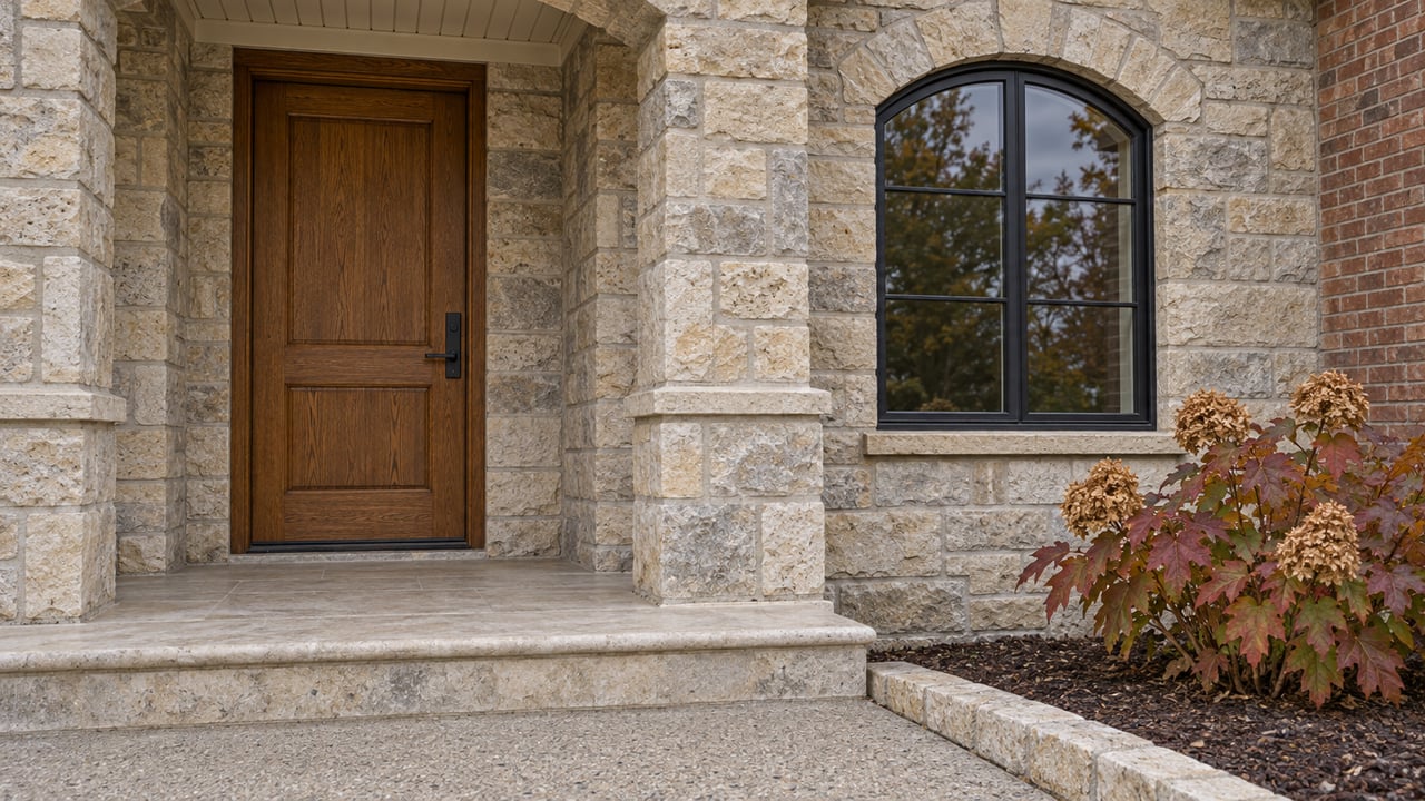 A sheltered limestone home entry with an oak door, arched black-framed window, stone steps and copper-red oakleaf hydrangea.