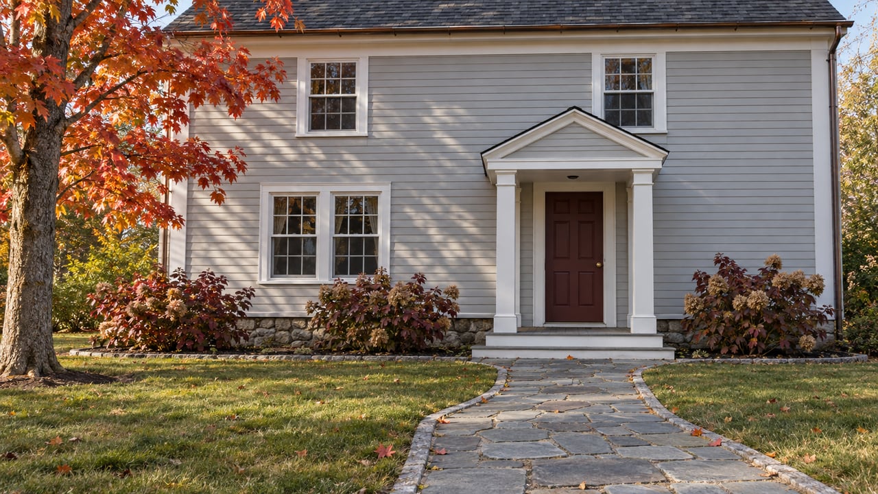 Gray clapboard home with a burgundy front door, stone approach and red maple in autumn afternoon light.