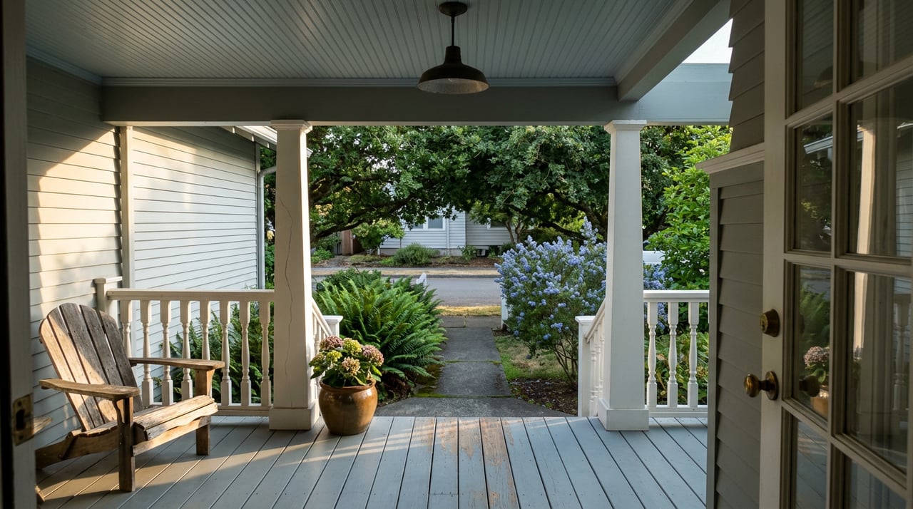 Porch with a worn wood chair and potted hydrangea, overlooking a narrow path, sidewalk, and oak-shaded cottage.
