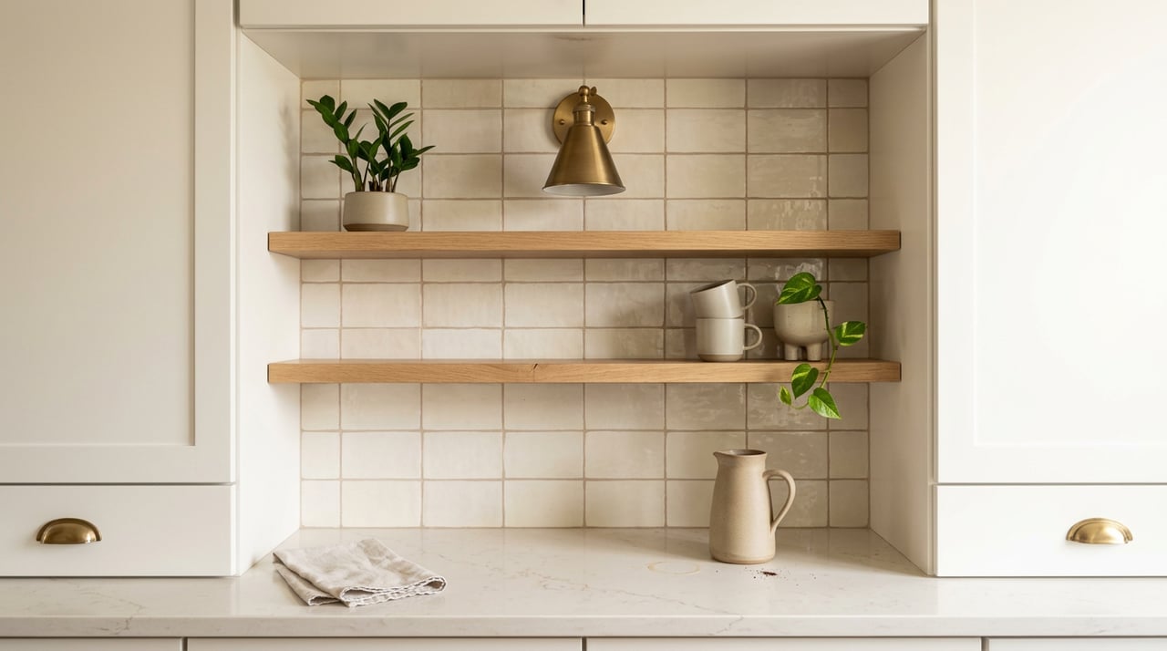 Built-in beverage nook with oak shelves, ivory tile, brass sconce, ceramic mugs, and potted plants.