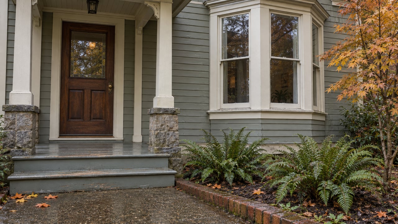 Gray-green wood siding, ivory sash windows and a sheltered walnut front door above rain-darkened steps, beside autumn maple leaves and sword ferns.
