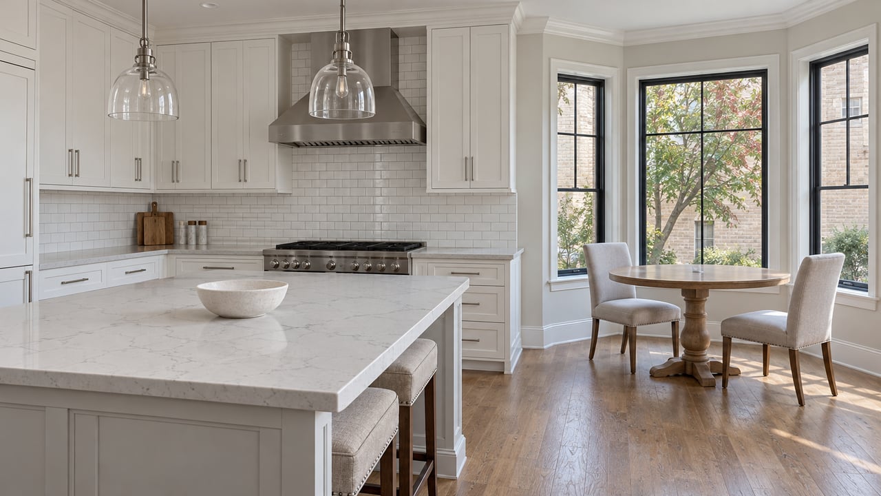 Bright kitchen with white shaker cabinetry, a pale quartz island, oak floors and a sunlit breakfast bay with dark-framed windows.