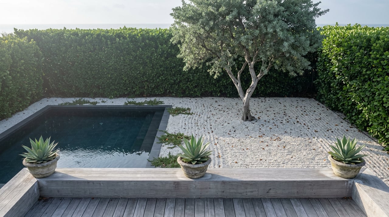 Sunken garden court with a charcoal-tiled reflecting pool, white gravel, and a gnarled tree behind a concrete parapet.