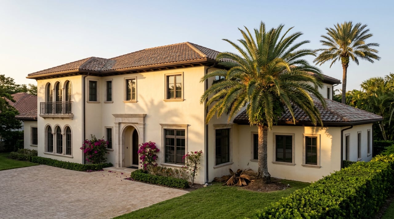 Two-story cream stucco home with terracotta roof, arched openings, iron balcony, and a palm beside the motor court.