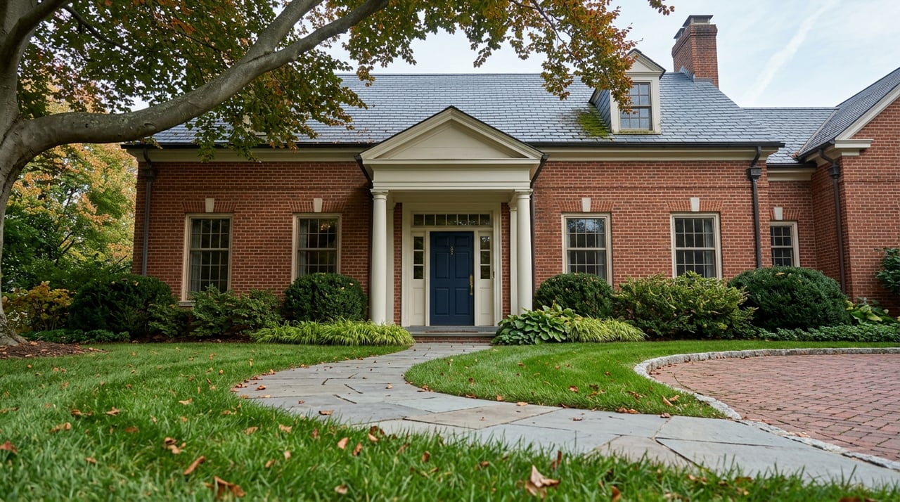 Brick estate home with a columned entry, curved bluestone walkway, and beech canopy overhead.