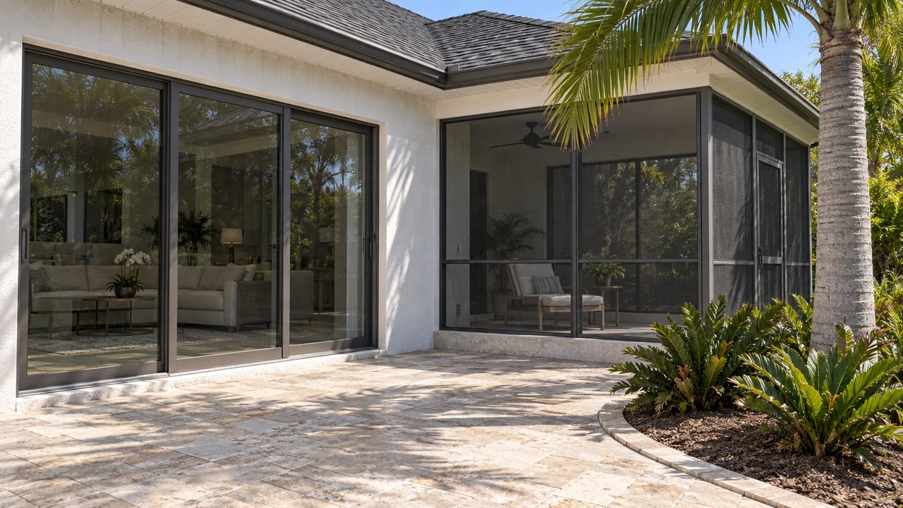 Sunlit white stucco home with glass sliding doors, a screened terrace and a specimen palm beside pale limestone paving.