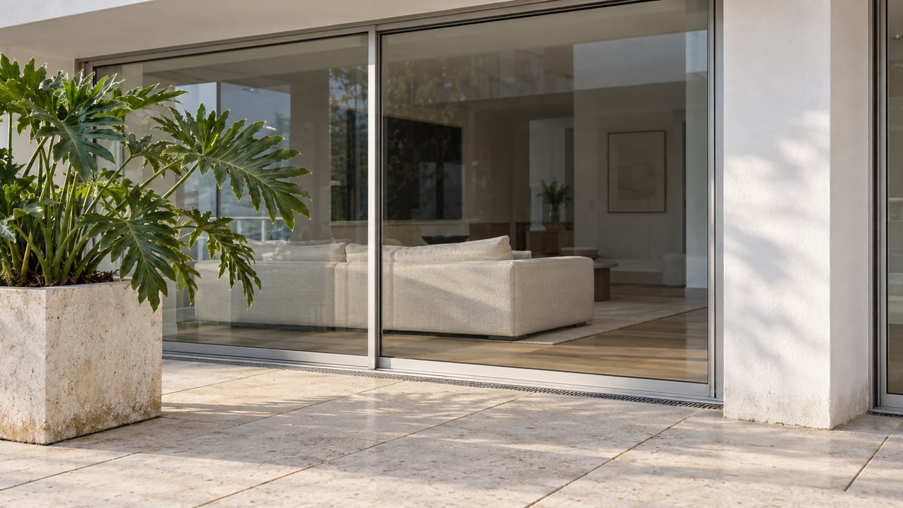 Sunlit limestone condo terrace with white plaster, closed full-height sliding glass doors, a cream sofa inside and a sculptural leafy planter.