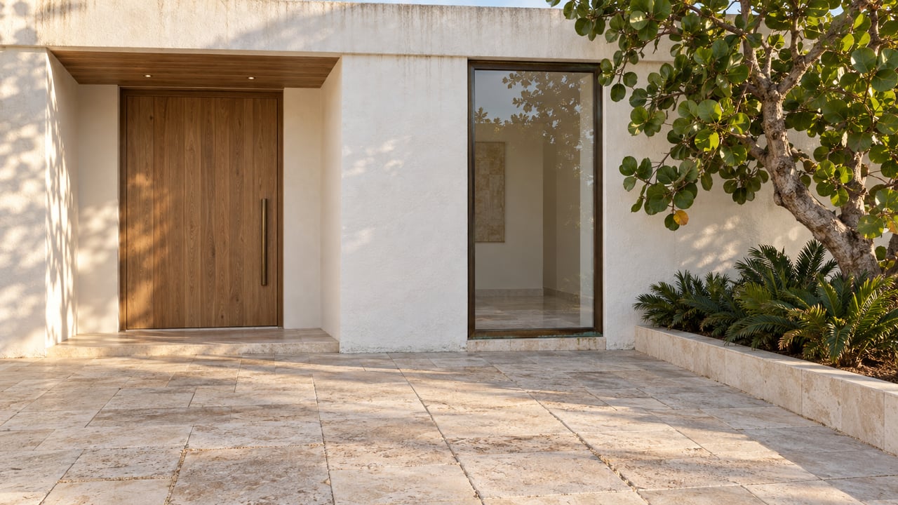 White stucco villa with an oak entry door, bronze-framed window, and limestone-paved approach beside a tropical tree.