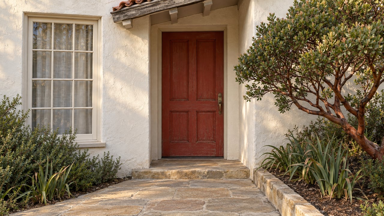Weathered red front door and cream-framed window in an ivory stucco home, beside a sandstone path and sculptural manzanita.