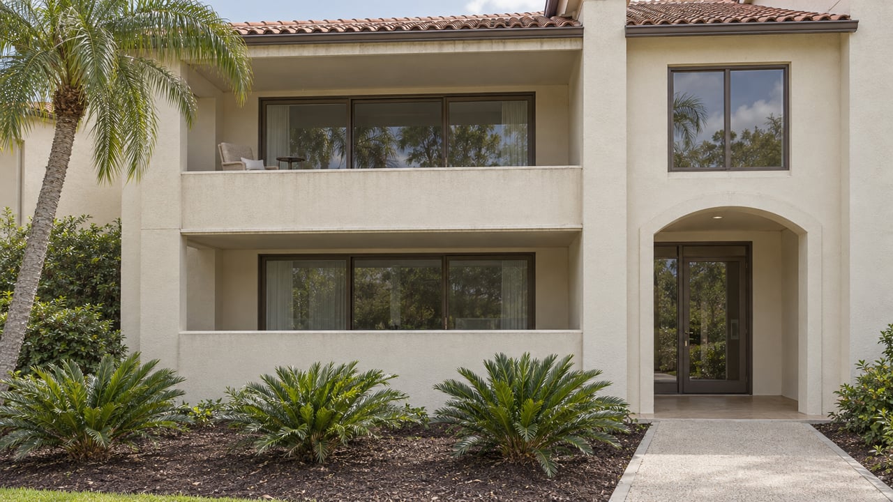 Ivory stucco condominium exterior with stacked recessed lanais, terracotta roof tiles, and a shell-aggregate approach bordered by a specimen palm and coontie.