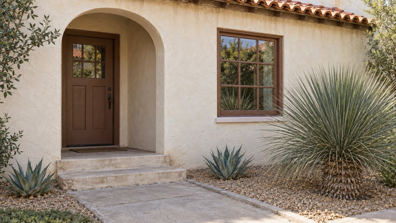 Older stucco home with a red tile roof, arched porch, wood door, and desert plants beside the entry steps.