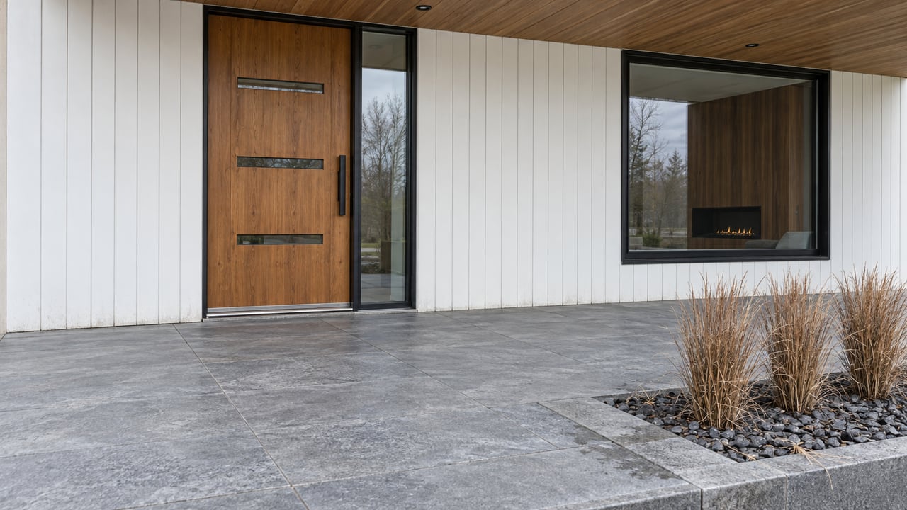 Contemporary covered entry with a warm wood door, white panel facade, gray stone terrace, and bronze dormant little bluestem.