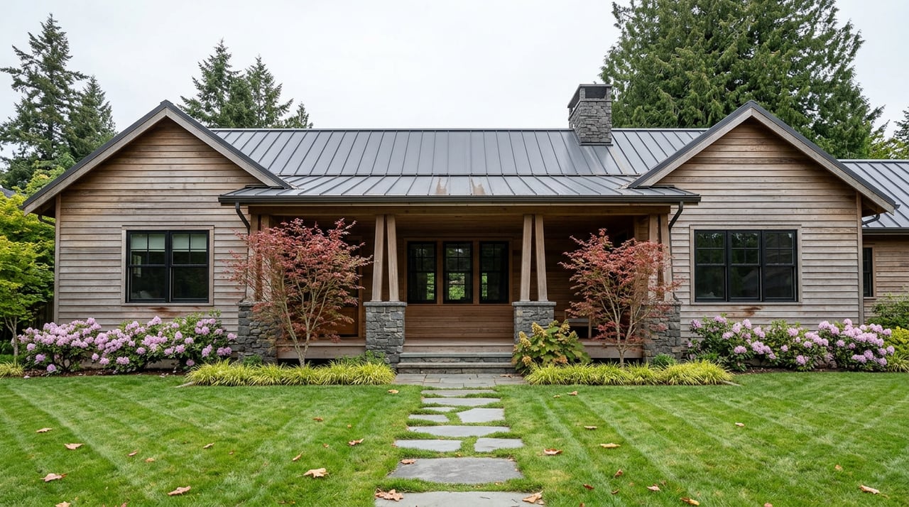 Silver-brown cedar house with a covered porch, bluestone path, flowering rhododendrons, and a broad lawn.