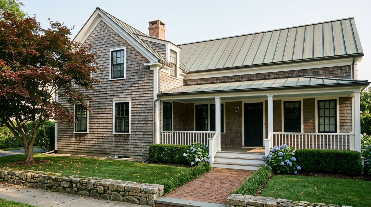 Two-and-a-half-story shingle home with a covered porch, stone garden wall, blue hydrangeas, and red maple.