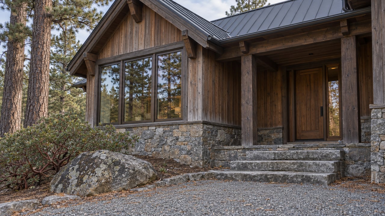 Cedar and stone mountain home with a steep metal roof, enclosed window bay and granite entry steps beside mature pines.