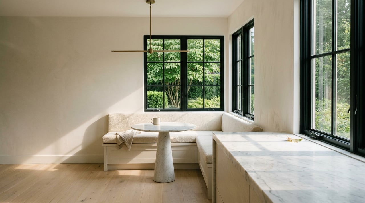 Breakfast nook with an oak banquette, marble table, black-framed corner windows, and a dogwood leaf on the counter.