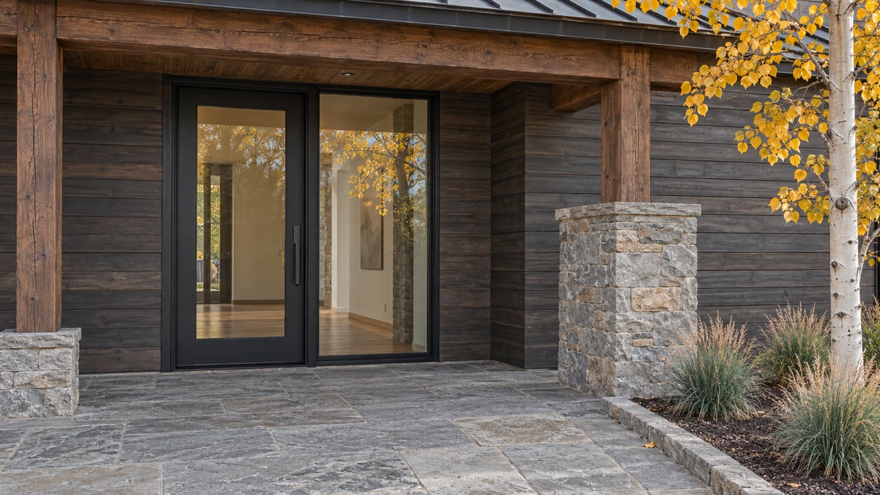 Weathered cedar and gray stone frame a glazed residential entrance beneath a timber canopy, with golden aspen leaves beside the sandstone landing.