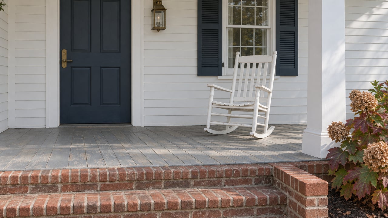 White lap-sided front porch with a navy door, white rocking chair, weathered gray floorboards, brick steps, and autumn oakleaf hydrangea.