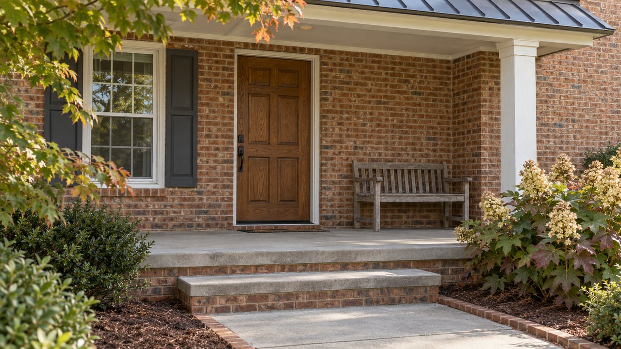 Brick house porch with an oak front door, white timber column, concrete steps, and oakleaf hydrangea in early autumn.
