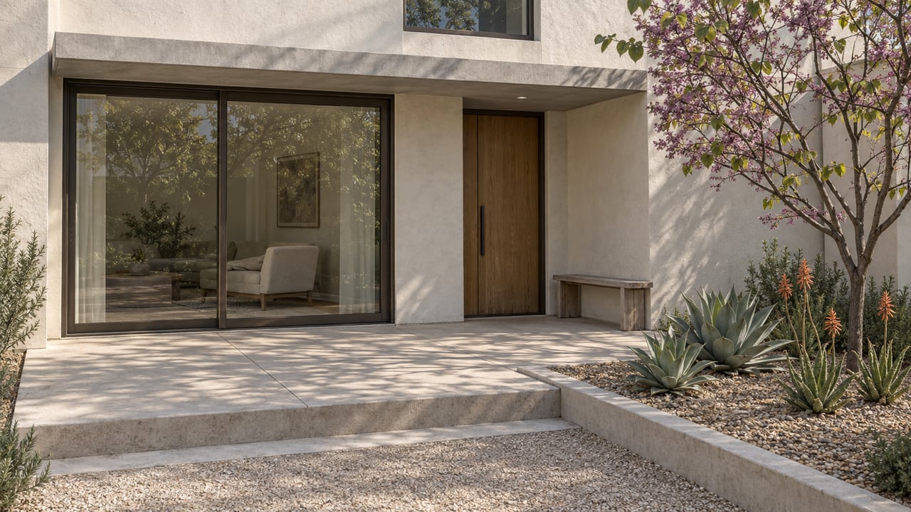 Ivory stucco attached home with bronze-framed glass doors, a timber entry, concrete terrace, and sculptural drought-tolerant planting.