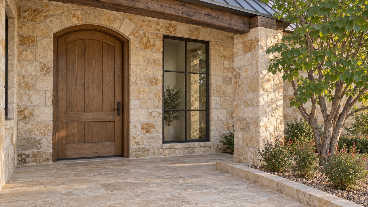Limestone porch with an arched oak door, dark-framed window, exposed timber beam and a redbud beside a raised stone planting border.