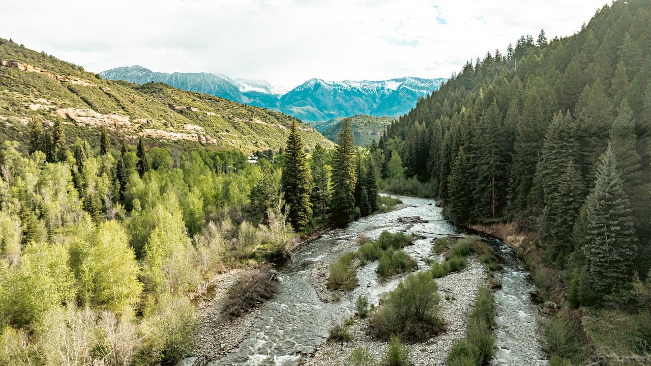 River winding through a forested mountain valley beneath distant snow-dusted peaks.