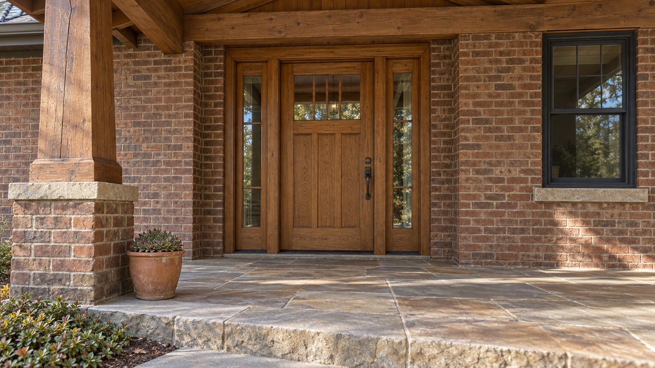Sunlit timber porch and sandstone floor leading to a glazed oak entry in a warm brick bungalow.