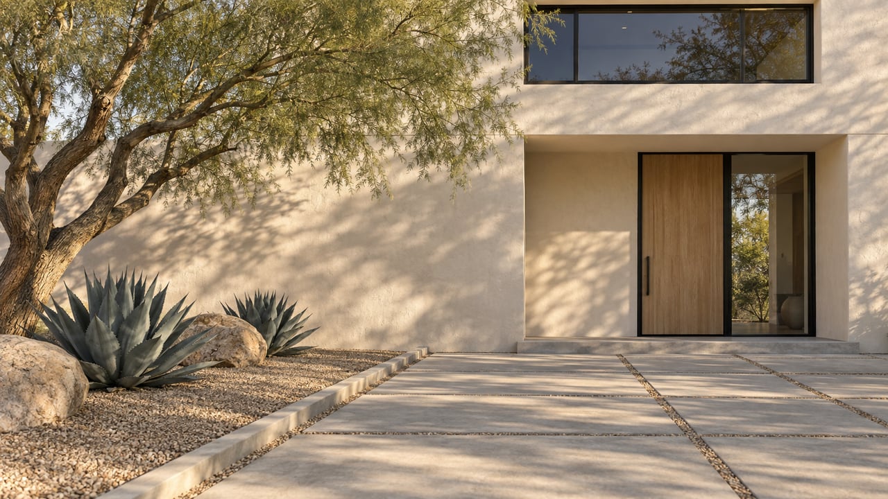 Cream-plaster house with recessed wood entry, broad concrete approach, and sculptural tree beside two agaves.