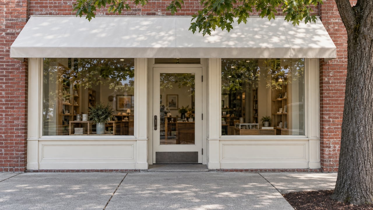 Small brick storefront with two display windows, a central glass door, cream awning, and a tree beside the sidewalk.