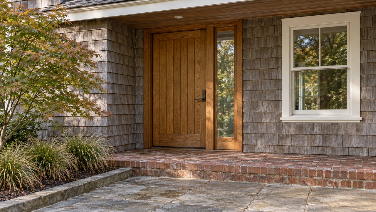 Recessed oak front door with cedar shingles, a brick porch and sandstone approach beside a Japanese maple.