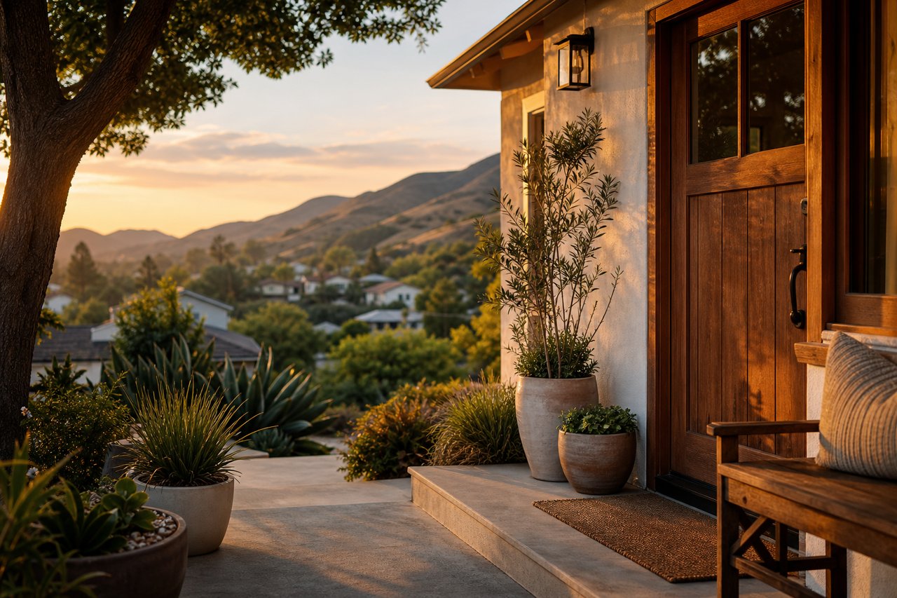 Home entrance with a wooden door, potted plants, and mountain views at sunset.