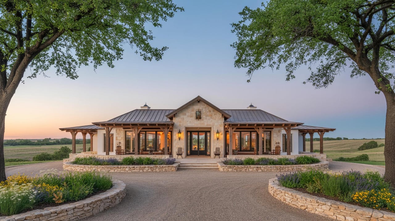 Low stone-and-timber building framed by trees, with a curved driveway and flower beds at dusk.