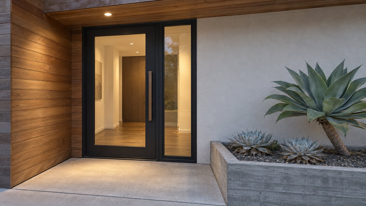 Cedar-lined contemporary home entry with black-framed glass door, pale concrete landing and sculptural succulents in a raised concrete planter.