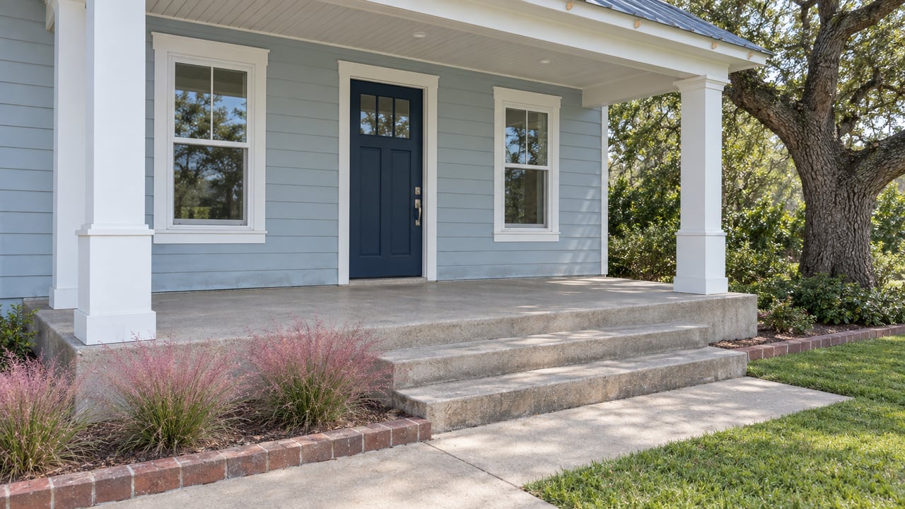 Pale blue home with a navy front door, paired white porch columns, broad concrete steps and pink muhly grass.