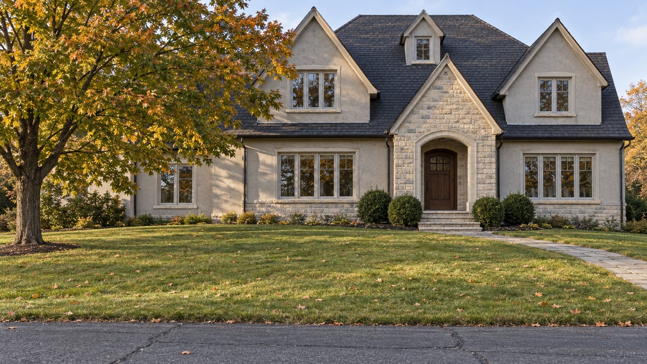 A substantial pale stucco and limestone house with steep dark gables stands beyond a deep autumn lawn meeting the road without a curb or sidewalk.