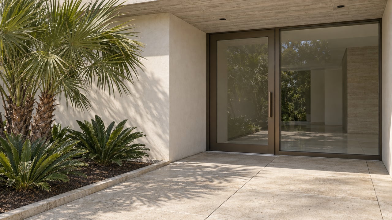 A recessed modern home entrance with bronze-framed glass, pale stucco and concrete paving beside a sculptural saw palmetto.